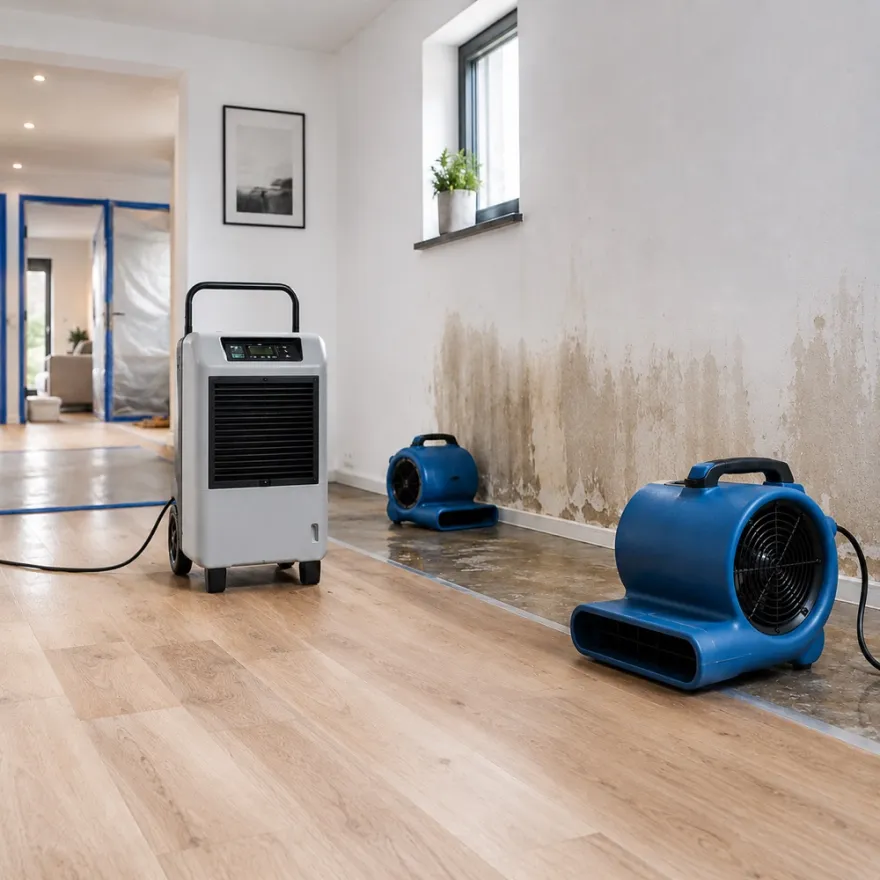 Bautrockner und zwei Ventilatoren in einem Raum mit Feuchtigkeitsschaden an der Wand, der Durchgang mit Staubschutzfolie abgehängt