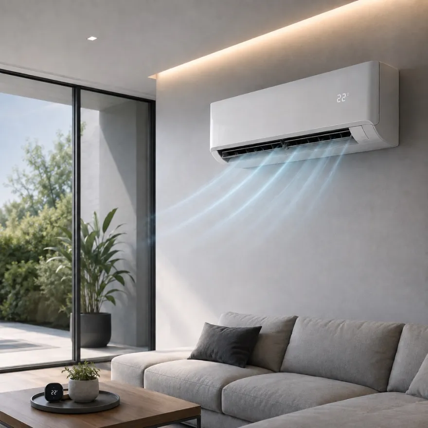 Innengerät einer Splitklimaanlage über einer Sitzgruppe im Wohnraum, Anzeige auf 22 Grad