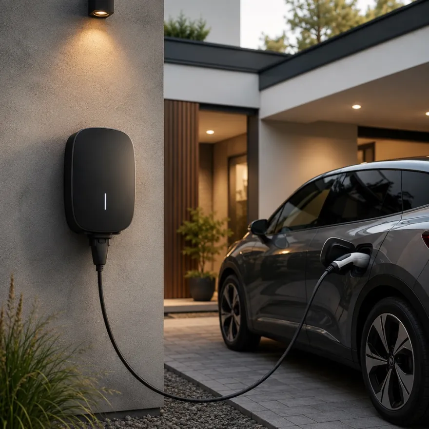 Wallbox an der Hausfassade, Ladekabel zum Ladeanschluss eines Elektrofahrzeugs auf dem Stellplatz