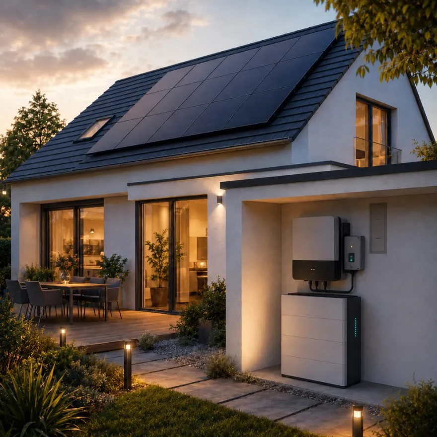 Einfamilienhaus in der Dämmerung mit Photovoltaikmodulen auf dem Satteldach, darunter Wechselrichter und Batteriespeicher an der Außenwand